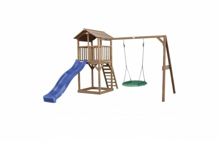 Beach Tower Speeltoren Met Summer Nestschommel Bruin Blauwe Glijbaan 3 Beach Tower Speeltoren Met Summer Nestschommel Bruin Blauwe Glijbaan