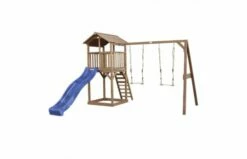 Beach Tower Speeltoren Met Dubbele Schommel Bruin Blauwe Glijbaan
