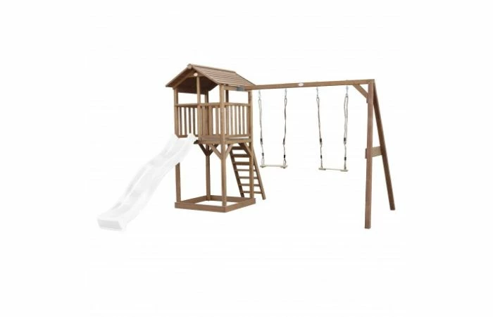 Beach Tower Speeltoren Met Dubbele Schommel Bruin Witte Glijbaan 3 Beach Tower Speeltoren Met Dubbele Schommel Bruin Witte Glijbaan