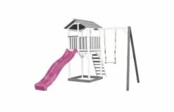 AXI Beach Tower Speeltoren Met Enkele Schommel Grijs/wit Met Glijbaan -OUTDOOR SPEELGOED Winkel beach tower speeltoren met enkele schommel grijswit paarse glijbaan 1