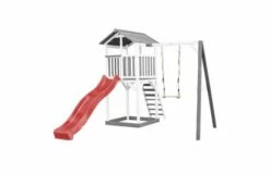 AXI Beach Tower Speeltoren Met Enkele Schommel Grijs/wit Met Glijbaan -OUTDOOR SPEELGOED Winkel beach tower speeltoren met enkele schommel grijswit rode glijbaan 1