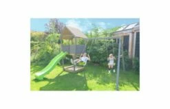 EXIT Aksent Speeltoren Met Aanbouwschommel (2 Schommels) -OUTDOOR SPEELGOED Winkel exit aksent houten speeltoren met 2 zits schommel grijs 1