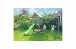 EXIT Aksent Speeltoren Met Aanbouwschommel (2 Schommels) -OUTDOOR SPEELGOED Winkel exit aksent houten speeltoren met 2 zits schommel grijs 2